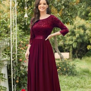 Ever-Pretty Burgundy Lace Long Dress V-Back